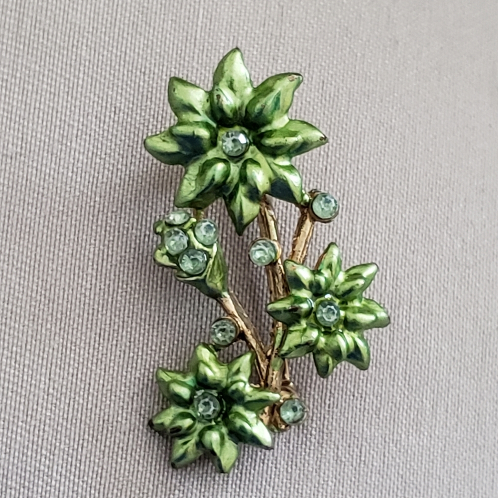 Green Flower with Green Rhynstones Brooch